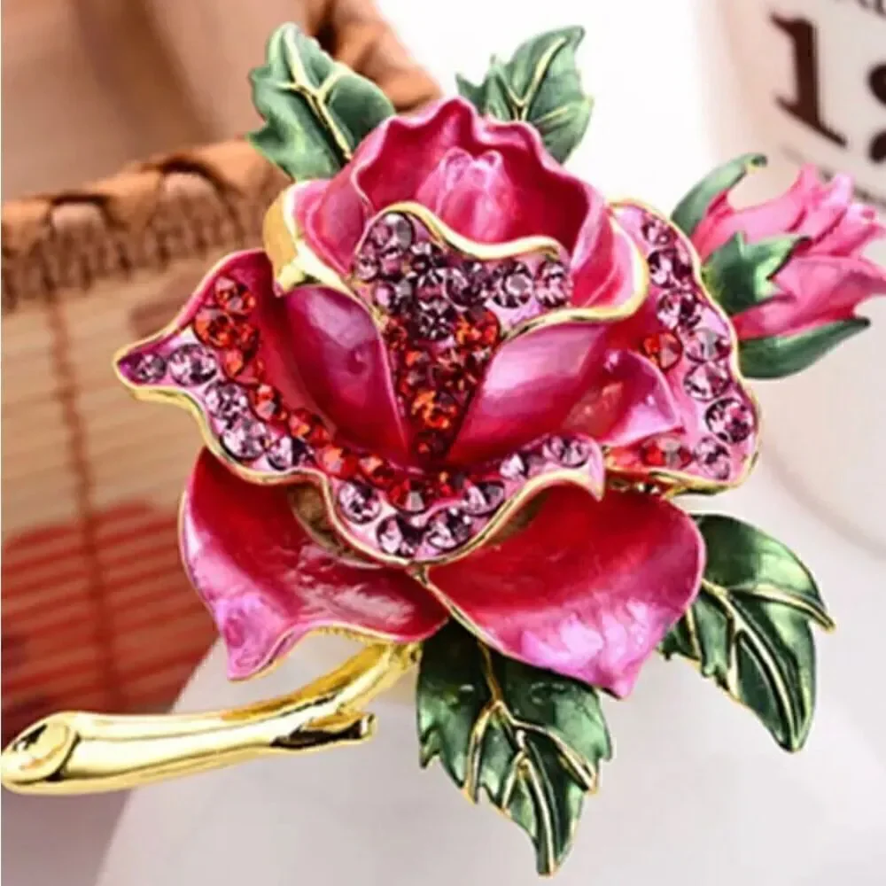 Crystal Rhinestone Rose Brooch Womens Large Enamel Fashion Floral Pin New